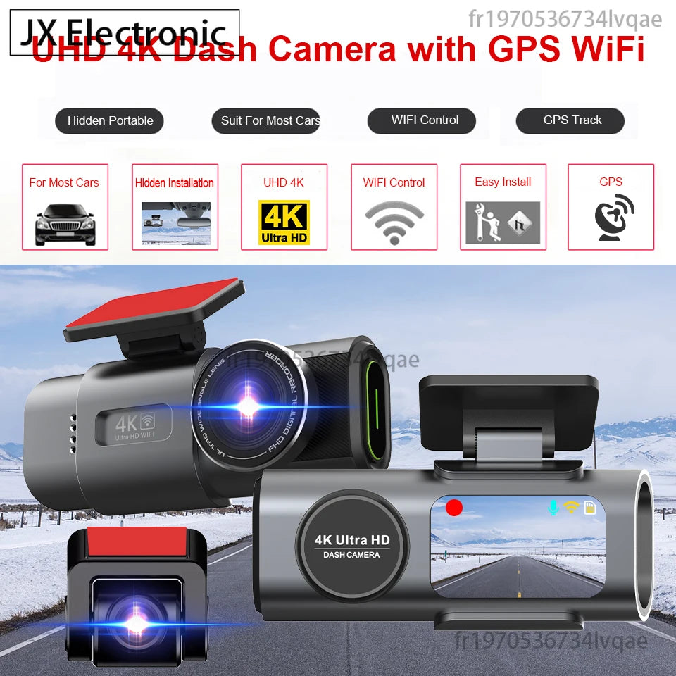 4K „Dashcam“ mini kameros įrašymo įrenginys GPS „Wi-Fi“ 24h parkavimo dvigubas objektyvas su 1080P juodos dėžės galinio vaizdo kamera naktiniu matymu