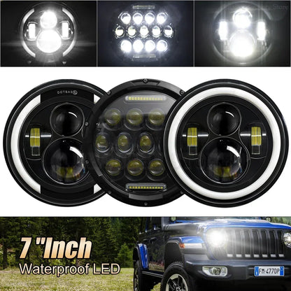 7 colių LED priekiniai žibintai Angel Eye White DRL tolimosios šviesos su gintariniu posūkio signalu CREE LED atsparus vandeniui, motociklui, priekinių žibintų visureigiui