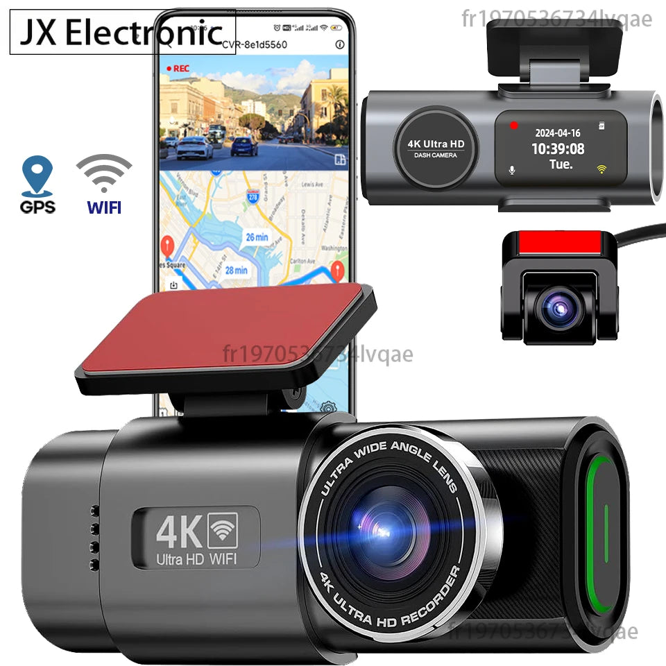 4K „Dashcam“ mini kameros įrašymo įrenginys GPS „Wi-Fi“ 24h parkavimo dvigubas objektyvas su 1080P juodos dėžės galinio vaizdo kamera naktiniu matymu