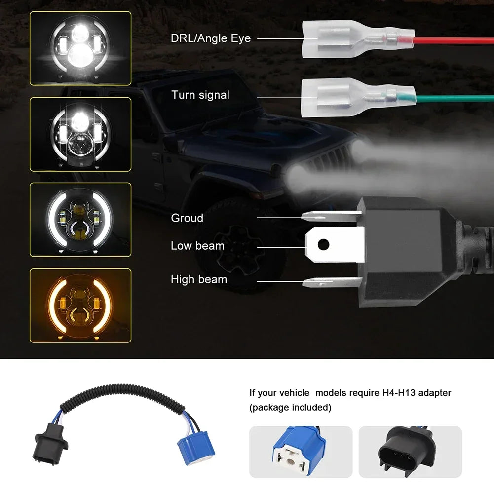 7 colių LED priekiniai žibintai Angel Eye White DRL tolimosios šviesos su gintariniu posūkio signalu CREE LED atsparus vandeniui, motociklui, priekinių žibintų visureigiui