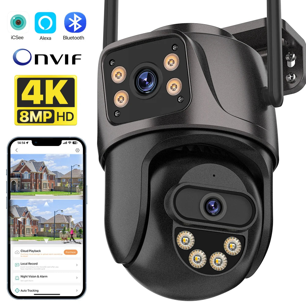 4K 8MP PTZ WIFI kamera Dviejų objektyvų dvigubo ekrano IP kamera lauke 4MP HD automatinio sekimo saugumo apsauga CCTV stebėjimas iCSee