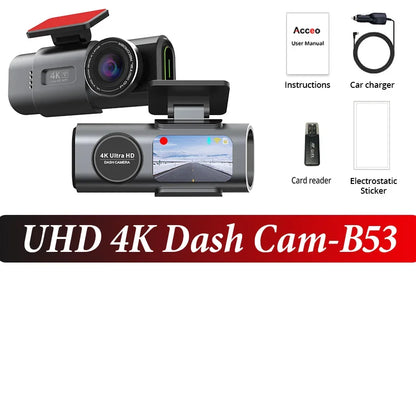 4K „Dashcam“ mini kameros įrašymo įrenginys GPS „Wi-Fi“ 24h parkavimo dvigubas objektyvas su 1080P juodos dėžės galinio vaizdo kamera naktiniu matymu