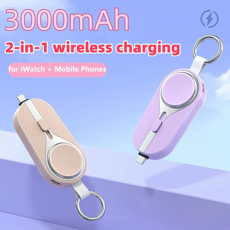 3000mah mini avarinis raktų pakabukas Power Bank du viename belaidžio įkrovimo laikrodžio mobilusis maitinimo šaltinis, skirtas Apple Watch ir iPhone