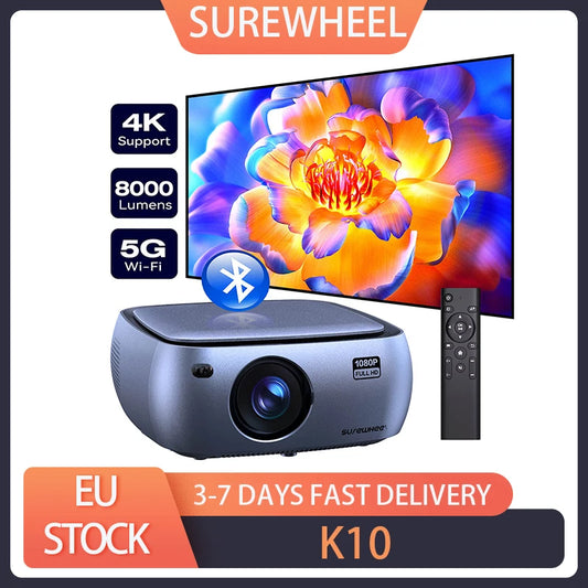 SUREWHEEL K10 nešiojamas projektorius, vietinis 1080P 4K palaikymas, 200 colių ekranas, 5G WiFi ir Bluetooth 5.0, 12 000 liumenų, mastelio keitimo funkcija